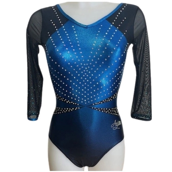 Metallic turquoise gradient leotard with matching rhinestones on the 3/4 sleeves, for sporty elegance